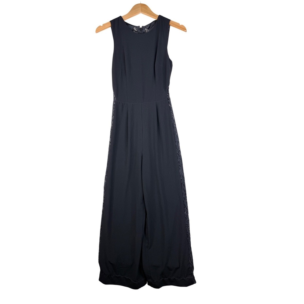 Bebe Sleeveless Lace Trim Wide Leg Pant Jumpsuit size 0 Black